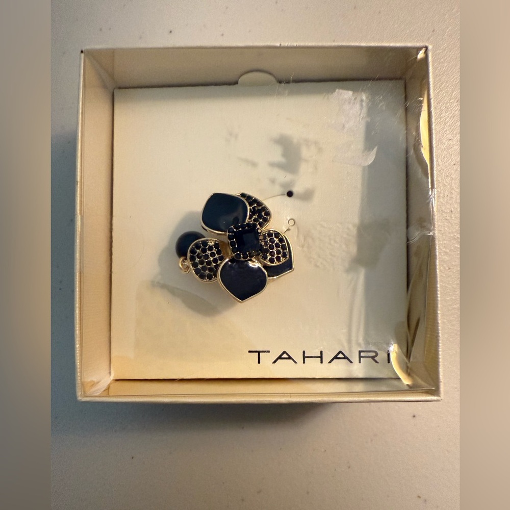 Tahari Navy and Gold Floral Brooch